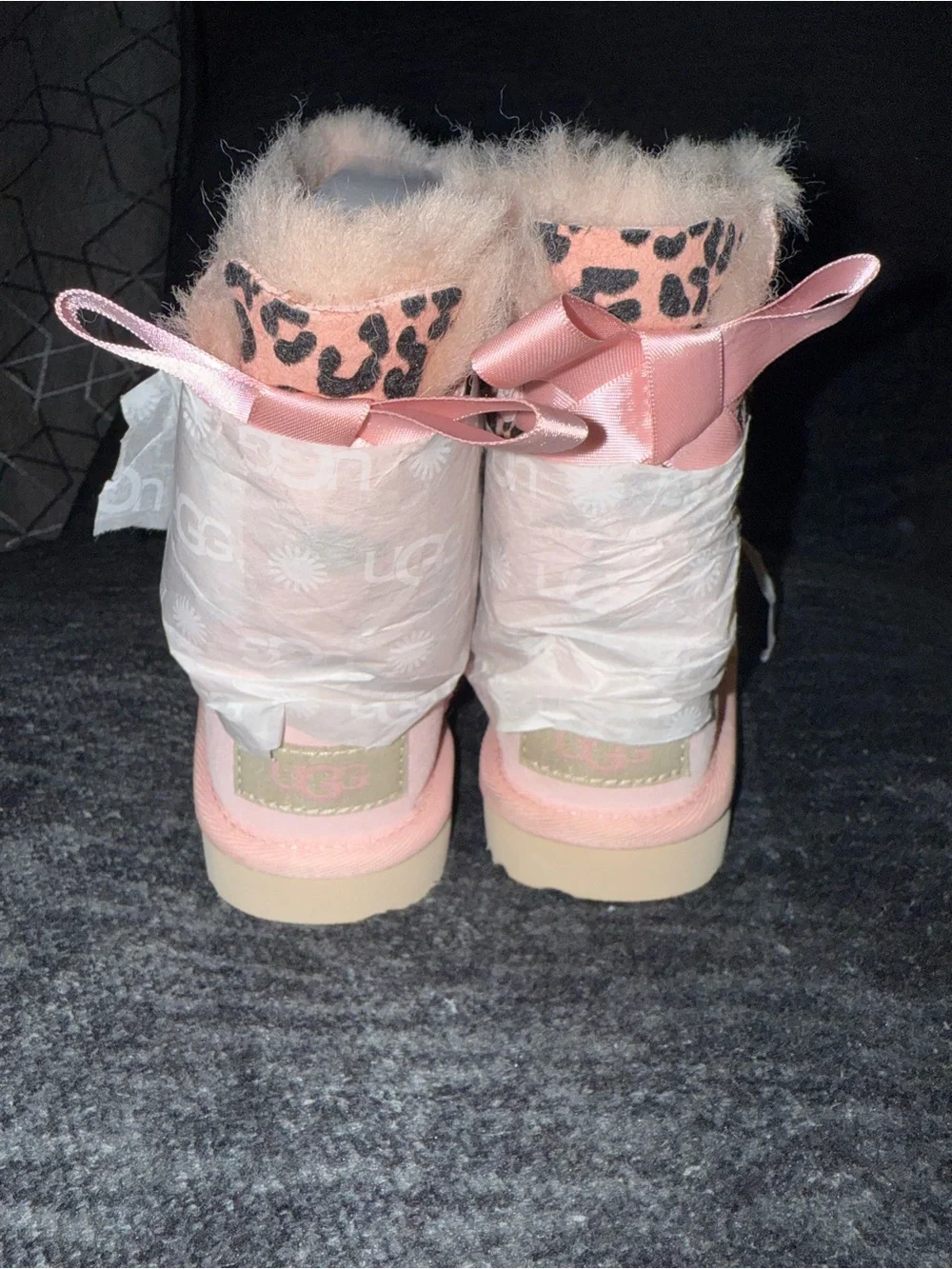 UGG Kids Pink Leopard Print Fur Boots Size 6 Satin Bow NWT/NWOB